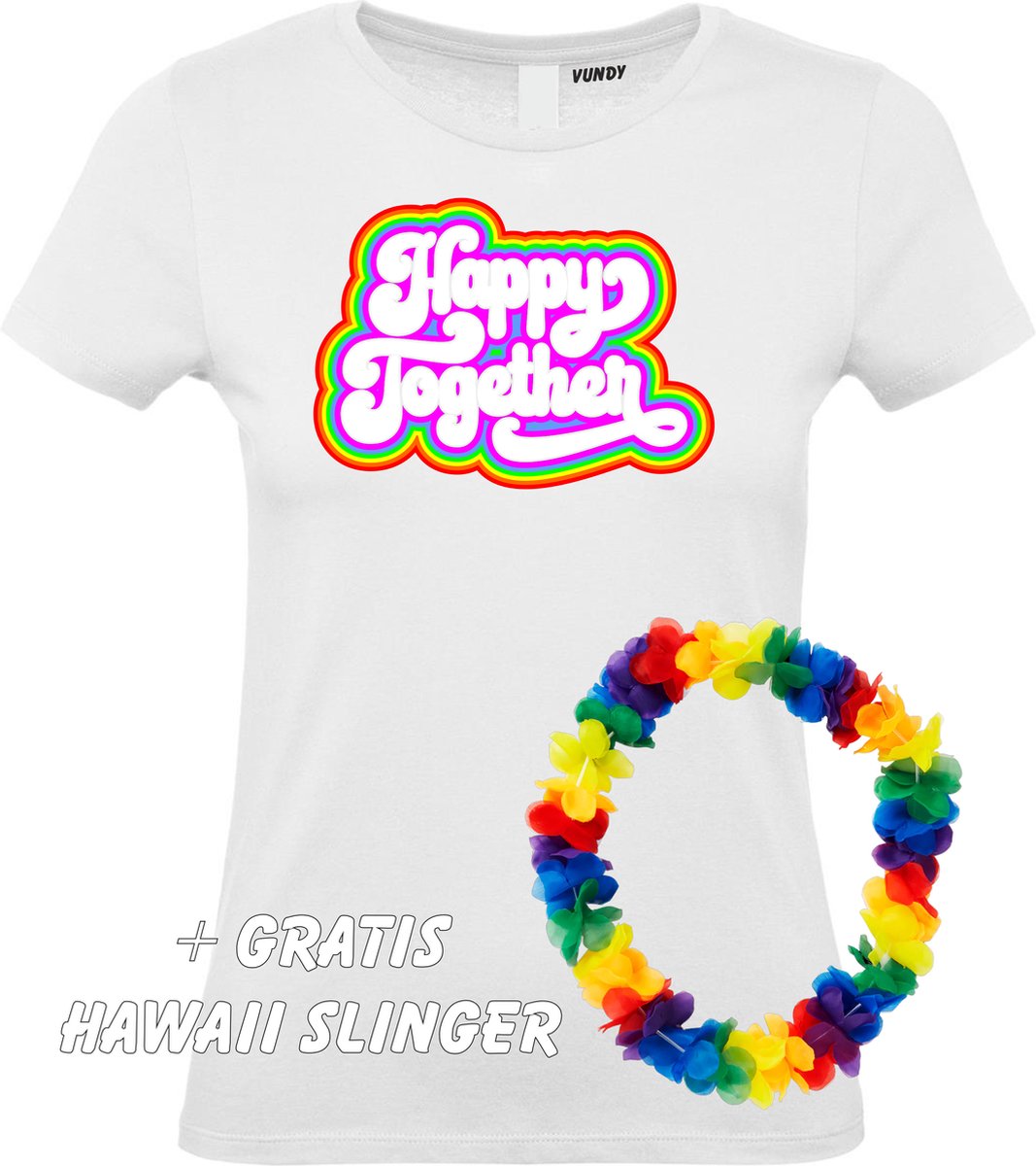 Dames t-shirt Happy Together Regenboog | Toppers in Concert 2022 | Toppers kleding shirt | Flower Power | Hippie Jaren 60 | Wit dames | maat L